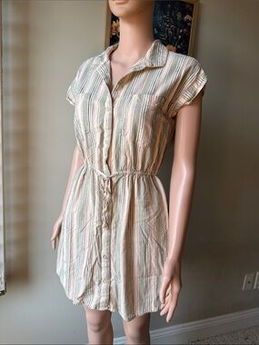Japna Cream Striped Button-Front Waist Tie Mini Dress